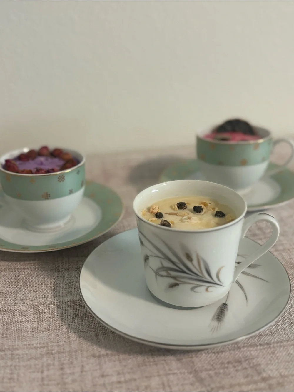 Set of 3 Homemade Candles with Elegant White Porcelain Tea Cups & Saucers